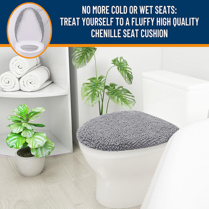 OLANLY Soft Chenille Toilet Lid Cover - Machine Washable, Non-Slip Rubber Backing | Gray, 17.5x15 Inches