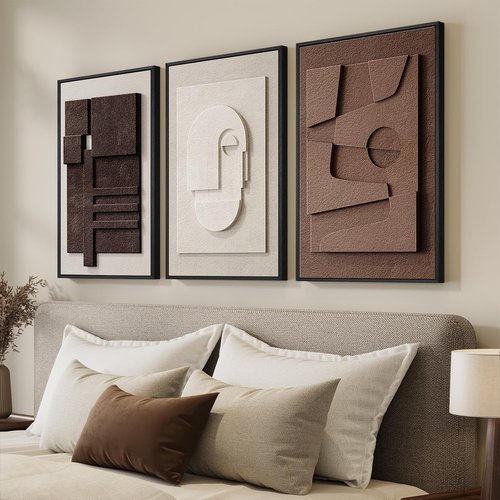 3D Textured Framed Wall Art - Neutral Abstract Artwork by [Brand Name] | 3-Piece Modern Geometric Paintings for Bedroom & Living Room, 16x24 In