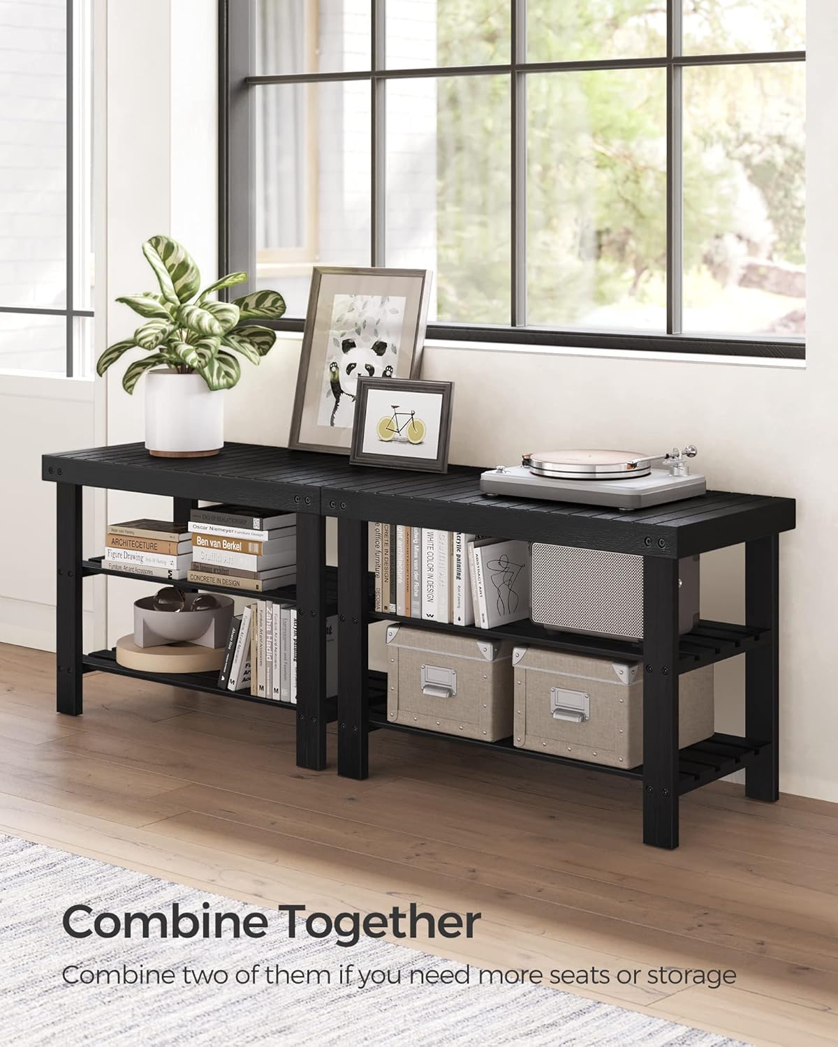 SONGMICS Shoe Rack Bench - 3-Tier Bamboo Storage Organizer | Holds 286 lb - Ink Black, 11.3 x 27.6 x 17.8 Inches