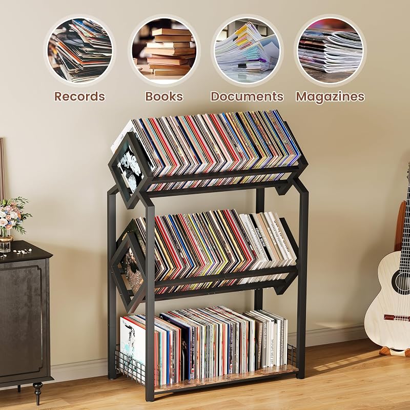 3-Tier Vinyl Record Storage Holder with Dividers — Space-Saving, 450 LP Capacity (Variation: 3-Tier)