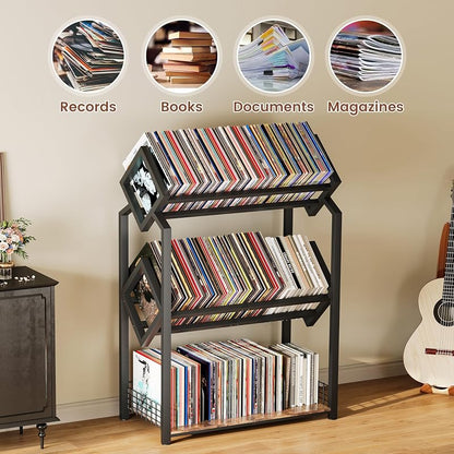 3-Tier Vinyl Record Storage Holder with Dividers — Space-Saving, 450 LP Capacity (Variation: 3-Tier)
