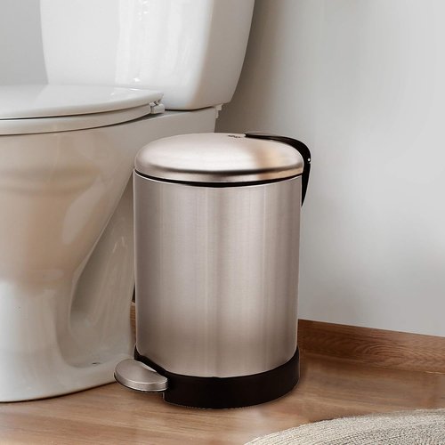 Glad Small Trash Can - 1.2 Gallon Round Stainless Steel Garbage Bin with Soft Close Lid & Step Pedal | 8 x 9.5 x 12 Inches