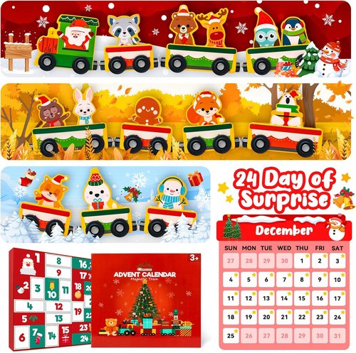 Commodum Christmas Advent Calendar - Magnetic Wooden Animals Train Set for Kids | 24 Days of Fun Holiday Surprises