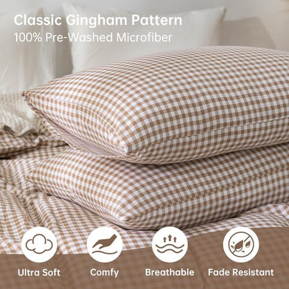 YHJWW Tan Gingham Duvet Cover Bedding Set Prewashed Extra Soft Comfy Breathable 3 Piece Brown Plaid Checkered Grid Vintage Comforter Cover Set Cute Aesthetic (Queen 90"x90", No Comforter)