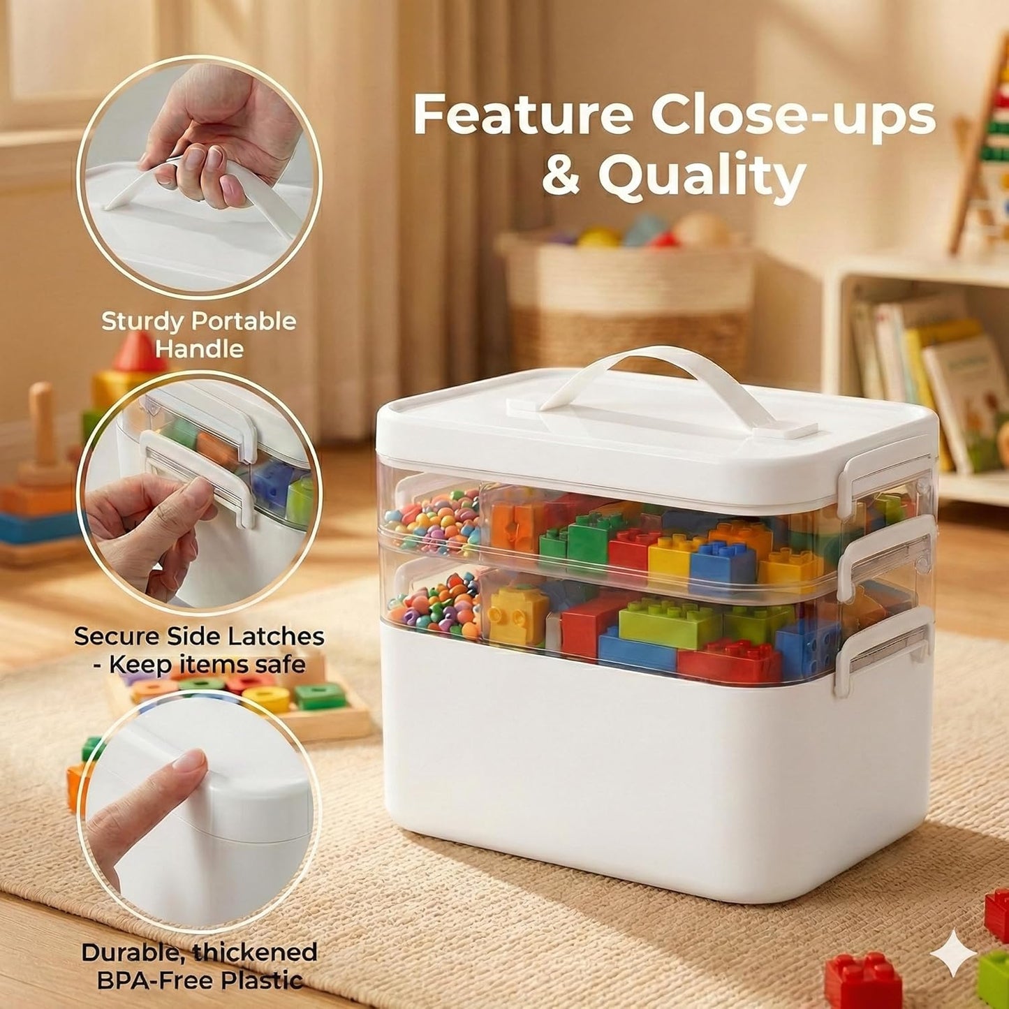 Skiennix 13.3 QT Stackable Craft Storage Organizer Box - White with 3 Removable Trays for Art Supplies | 11.1''x7.7''x9.1''