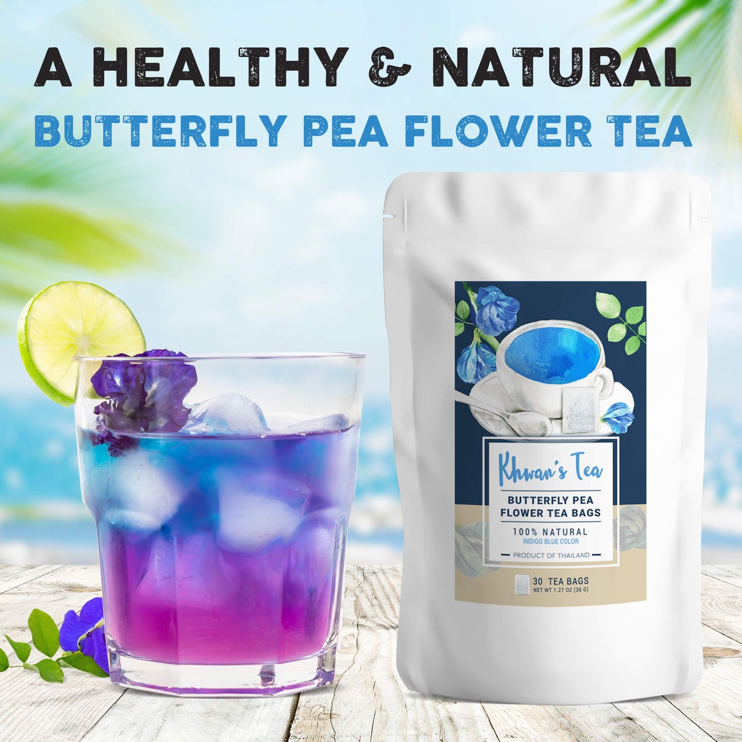 KHWAN'S TEA Pure Butterfly Pea Flower Tea 30 Bags, Blue Clitoria Ternate Flower Herbal Loose Leaf Tea, Origin in Thailand