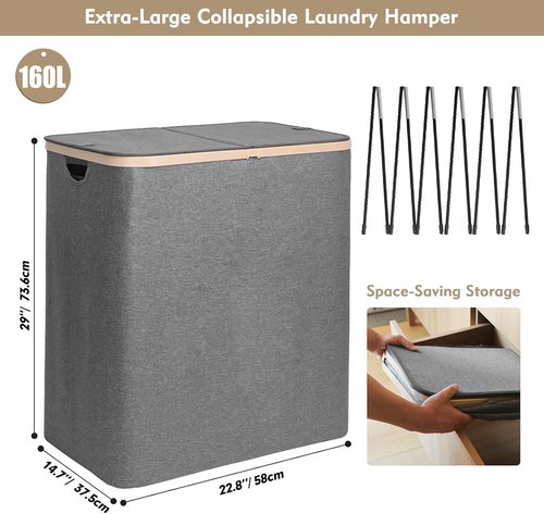 DOKEHOM Double Laundry Basket - 160L Collapsible Hamper with Removable Lid & Bags | Dark Grey