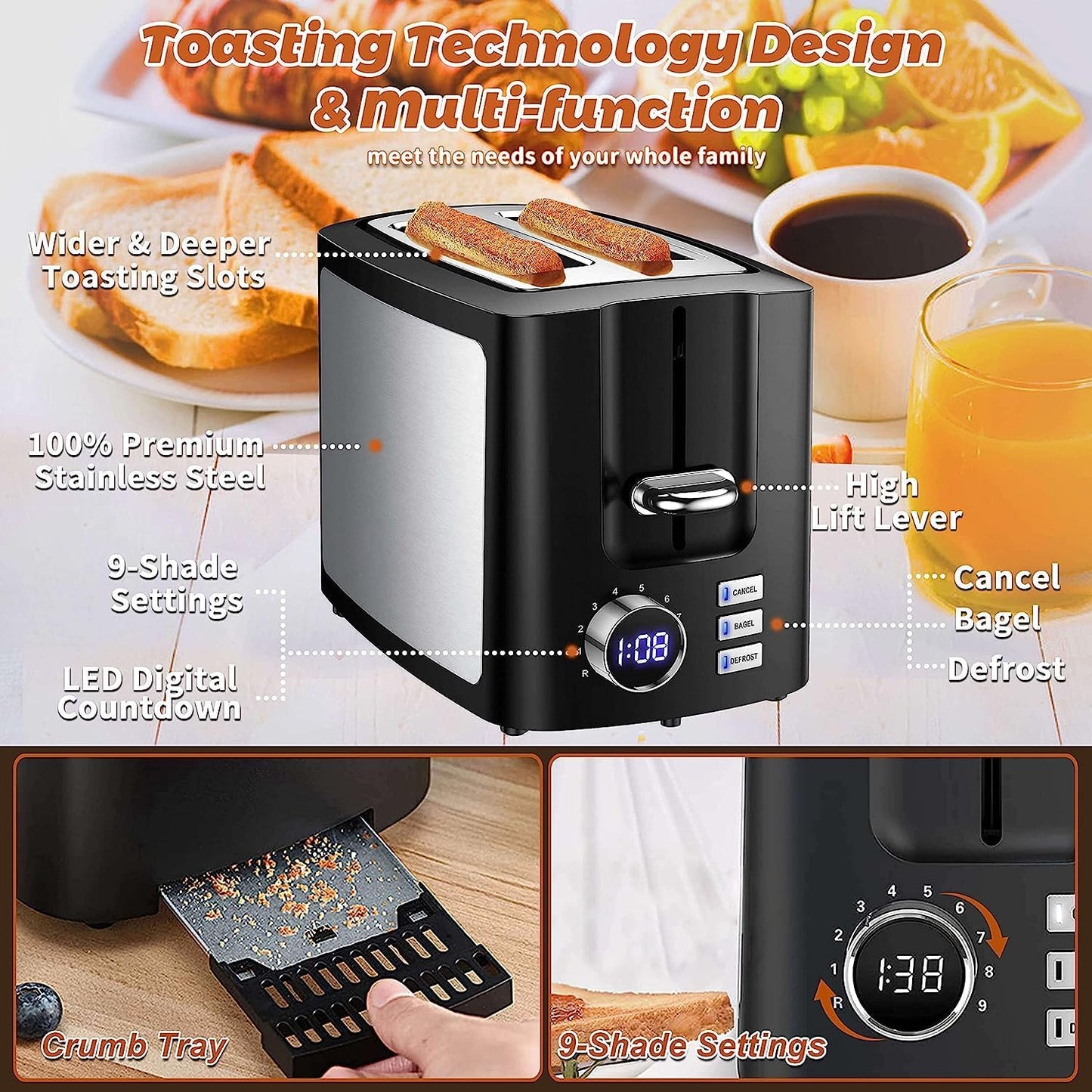 Skiennix 2-Slice Wide Slot Toaster - Smart LCD Digital Countdown Timer | Bagel, Defrost, Reheat Functions