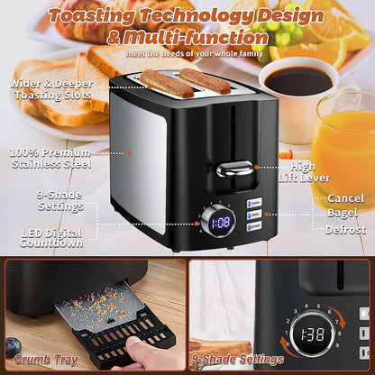 Skiennix 2-Slice Wide Slot Toaster - Smart LCD Digital Countdown Timer | Bagel, Defrost, Reheat Functions