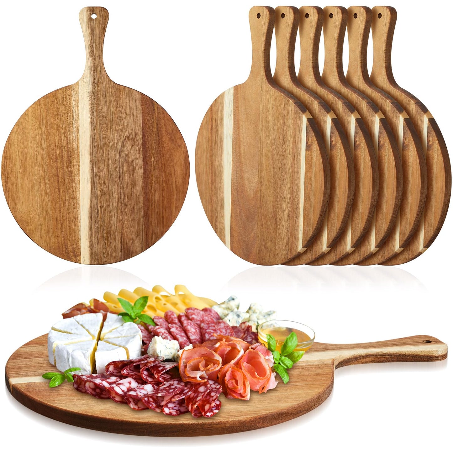 Sliner 6 Pcs Acacia Wood Cutting Board Bulk 0.6 Inch Thick Round Charcuterie Board with Handle Large Wooden Chopping Paddle for Cutting Pizza Cheese Meat Fruit(12 x 16 Inch)