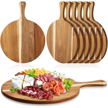 Sliner 6 Pcs Acacia Wood Cutting Board Bulk 0.6 Inch Thick Round Charcuterie Board with Handle Large Wooden Chopping Paddle for Cutting Pizza Cheese Meat Fruit(12 x 16 Inch)