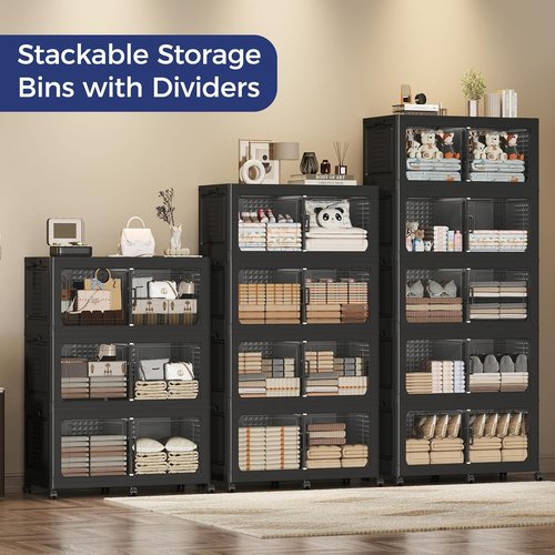 150GAL Extra Large Storage Bins - Stackable Closet Organizers with Lids | 3-Pack Black, Collapsible Design