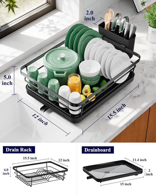 Kitsure Dish Drying Rack - Stainless Steel Kitchen Sink Organizer with Cutlery Holder | 12"W x 15.5"L, Black
