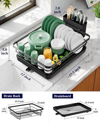 Kitsure Dish Drying Rack - Stainless Steel Kitchen Sink Organizer with Cutlery Holder | 12"W x 15.5"L, Black