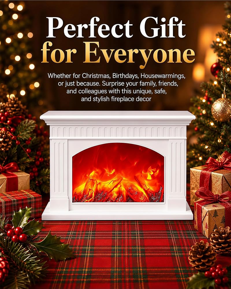 White Electric Fireplace Lantern with Realistic Flame Effect - Portable USB/Battery Powered