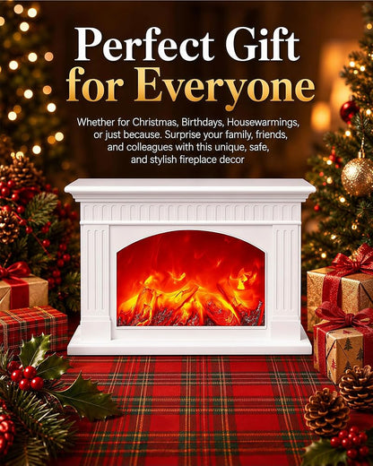 White Electric Fireplace Lantern with Realistic Flame Effect - Portable USB/Battery Powered