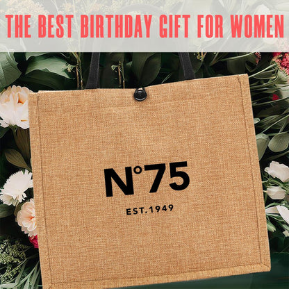 NGLIV 75th Birthday Gifts for Women - 75th Birthday Decorations for Her - 75 Year Old Birthday Gifts for Female Mom Wife Friend Sister Aunt - Beach Bag Reusable Shopping Bags Cute Jute Straw ToteBag