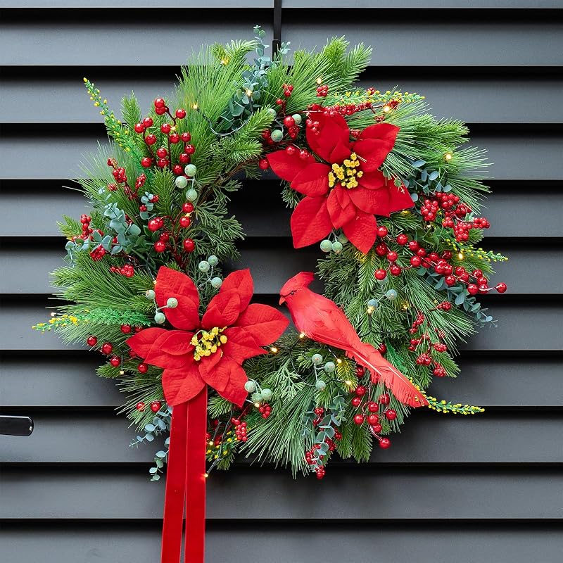 24-Inch Pre-Lit Christmas Door Wreath with Cardinal Birds & Poinsettia