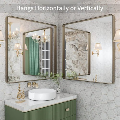 LOAAO Bronze Bathroom Mirror - 36”x36” Rounded Rectangle with Anti-Rust Brushed Metal Frame | Versatile Hanging Options