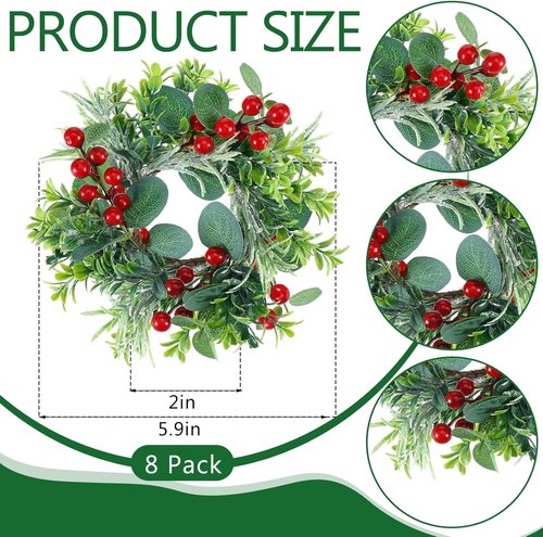Daifunli Christmas Candle Rings - 8 Pcs 6-Inch Wreath Holders with Artificial Red Berries | Festive Table Decor