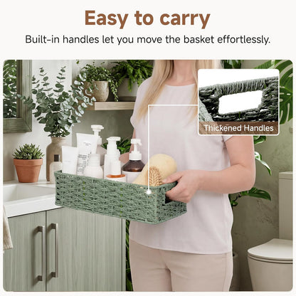 StorageWorks Wicker Toilet Basket - Small Tank Topper with Built-in Handles | Sage Green Bathroom Organizer