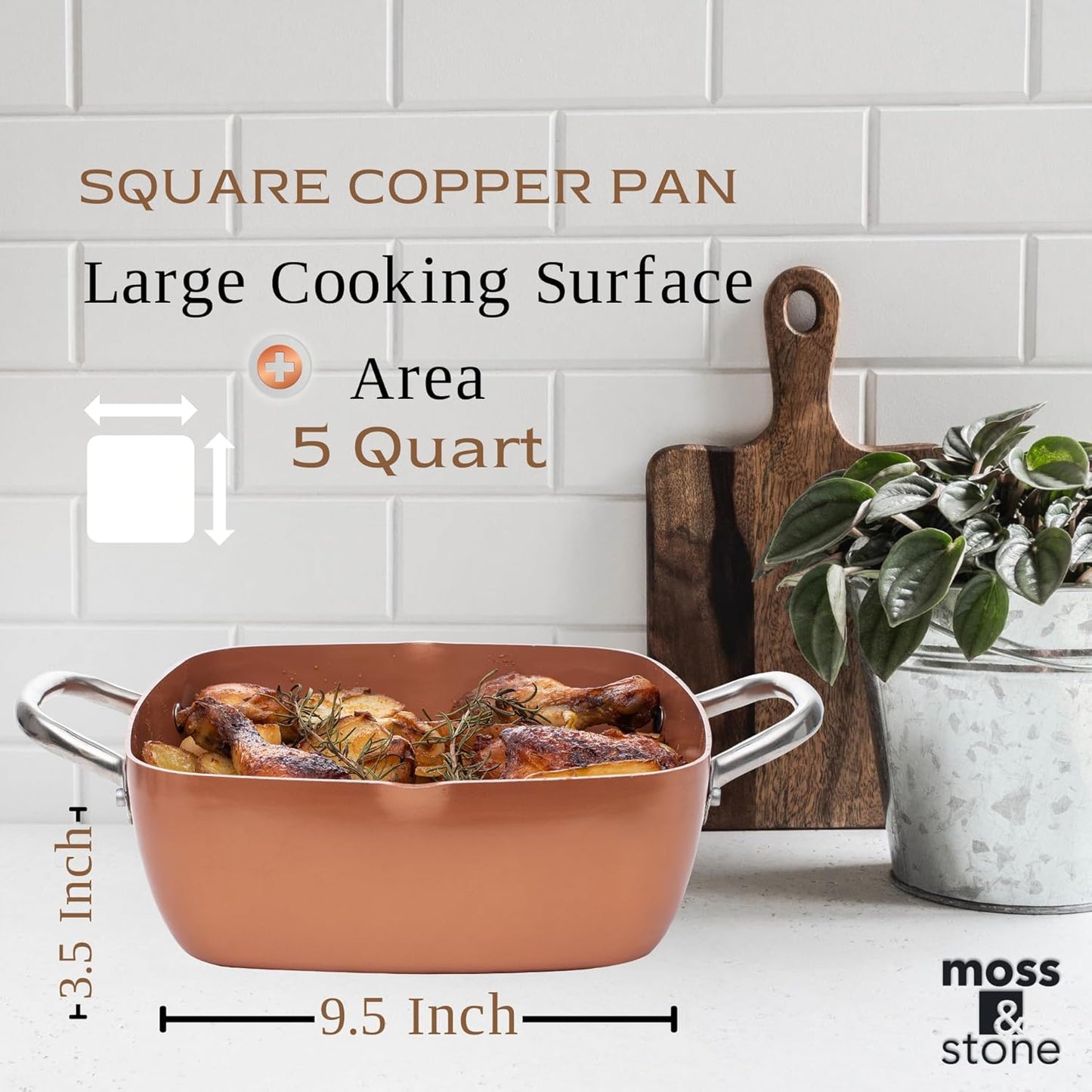Moss & Stone Copper Chef Cookware Set - 5-Piece Non-Stick Deep Frying Pan & Accessories | 5 Qt, Dishwasher Safe