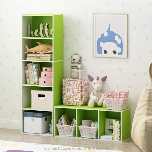 Furinno LUDER 3-Cube Bookshelf - Easy Assembly Bookcase with Open Shelves | White/Green, 9.3 x 12 x 31.5