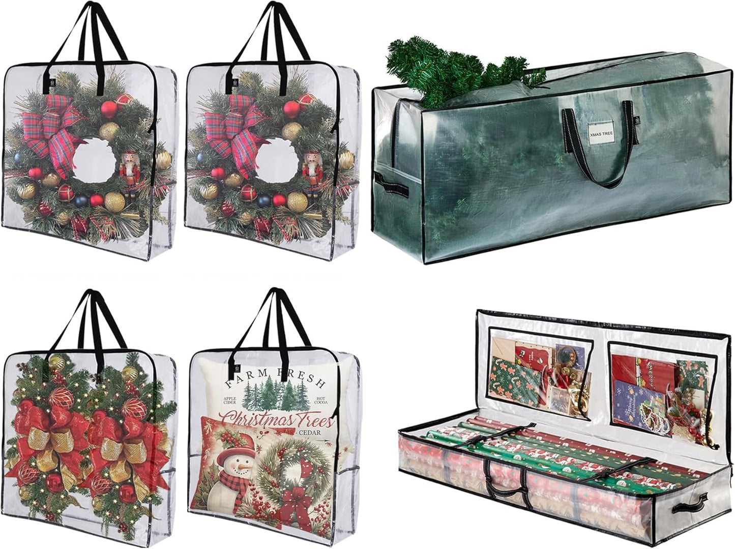 VENO Clear Christmas Wreath & Tree Storage Bags - 6 Pack for Wreaths, Tree & Wrapping Paper