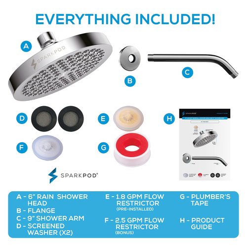 SparkPod 6" High Pressure Rain Shower Head with 9" Shower Arm - High Pressure Rain - Luxury Modern Look - Rainfall Experience - No Hassle Tool-less 1-Min Installation (Luxury Polished Chrome)