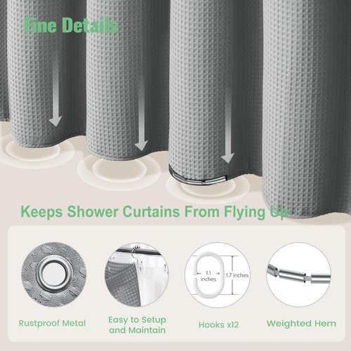 Dynamene Grey Shower Curtain and Liner Set, Waffle Weave Fabric, Waterproof Clear Liner, 256GSM Heavy Duty Weighted Hotel Luxury Shower Curtains for Bathroom with 12 Plastic Hooks, 72Wx72H