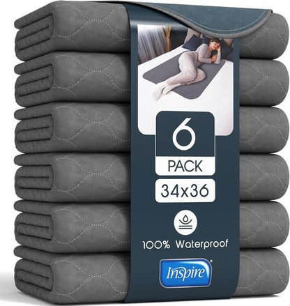 Inspire Underpads - Reusable Waterproof Incontinence Bed Pads | Stain Hiding Gray | 34" X 36" | 6 Pack