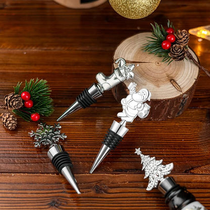 4 Pack Christmas Bottle Stoppers - Santa, Snowflake, Stocking & Tree (Silver) - Gift Box Holiday Set