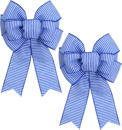 Skiennix Blue & White Stripe Wreath Bows - Rustic Burlap Decor for Indoor/Outdoor Events | 2-Pack