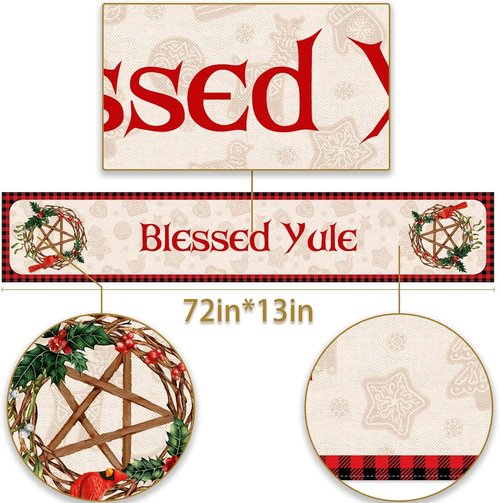Blessed Yule Table Runner - Buffalo Plaid Check Design for Winter Solstice | 13" x 72" Home Decor