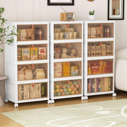 4 Tier Stackable Storage Bins - 28Qt Plastic Containers with Magnetic Doors & Wheels for Easy Organization