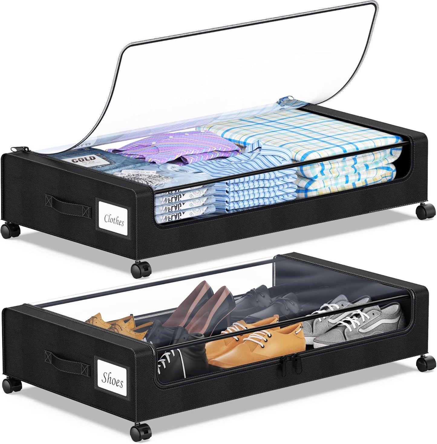 YAASHEEN Under Bed Storage Bins - 2-Pack XXL 60L Rolling Containers with Clear Lids & Labels - Black