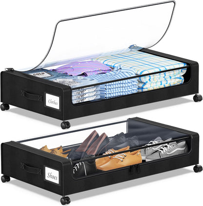 YAASHEEN Under Bed Storage Bins - 2-Pack XXL 60L Rolling Containers with Clear Lids & Labels - Black