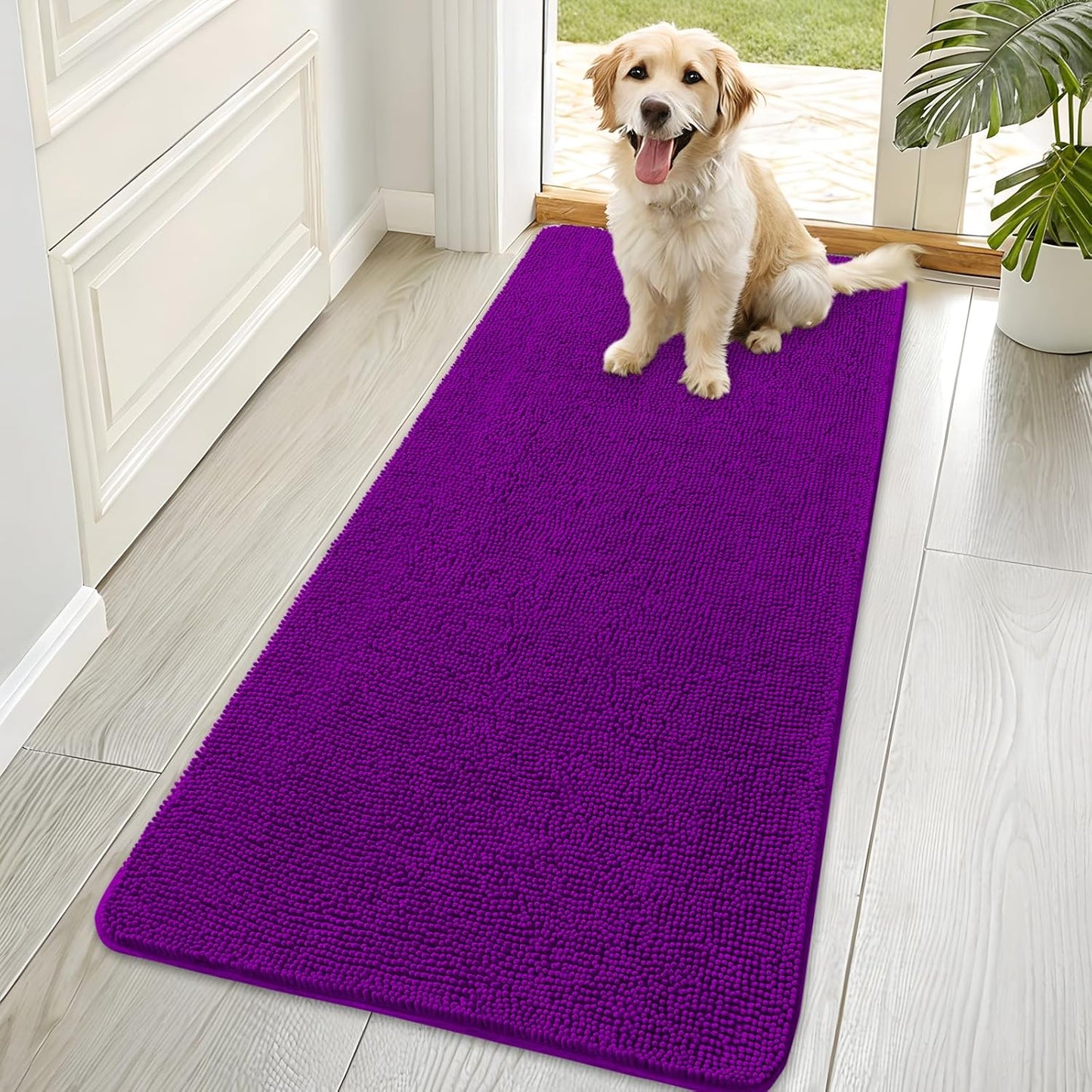 OLANLY Dog Door Mat - Absorbent Non-Slip Chenille Mat for Muddy Paws | 70x35 Inches, Purple