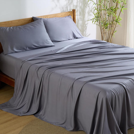 Bedsure Queen Sheet Set - Cooling Bamboo Rayon Sheets | Breathable, Soft & Deep Pocket Up to 16" - Dark Grey
