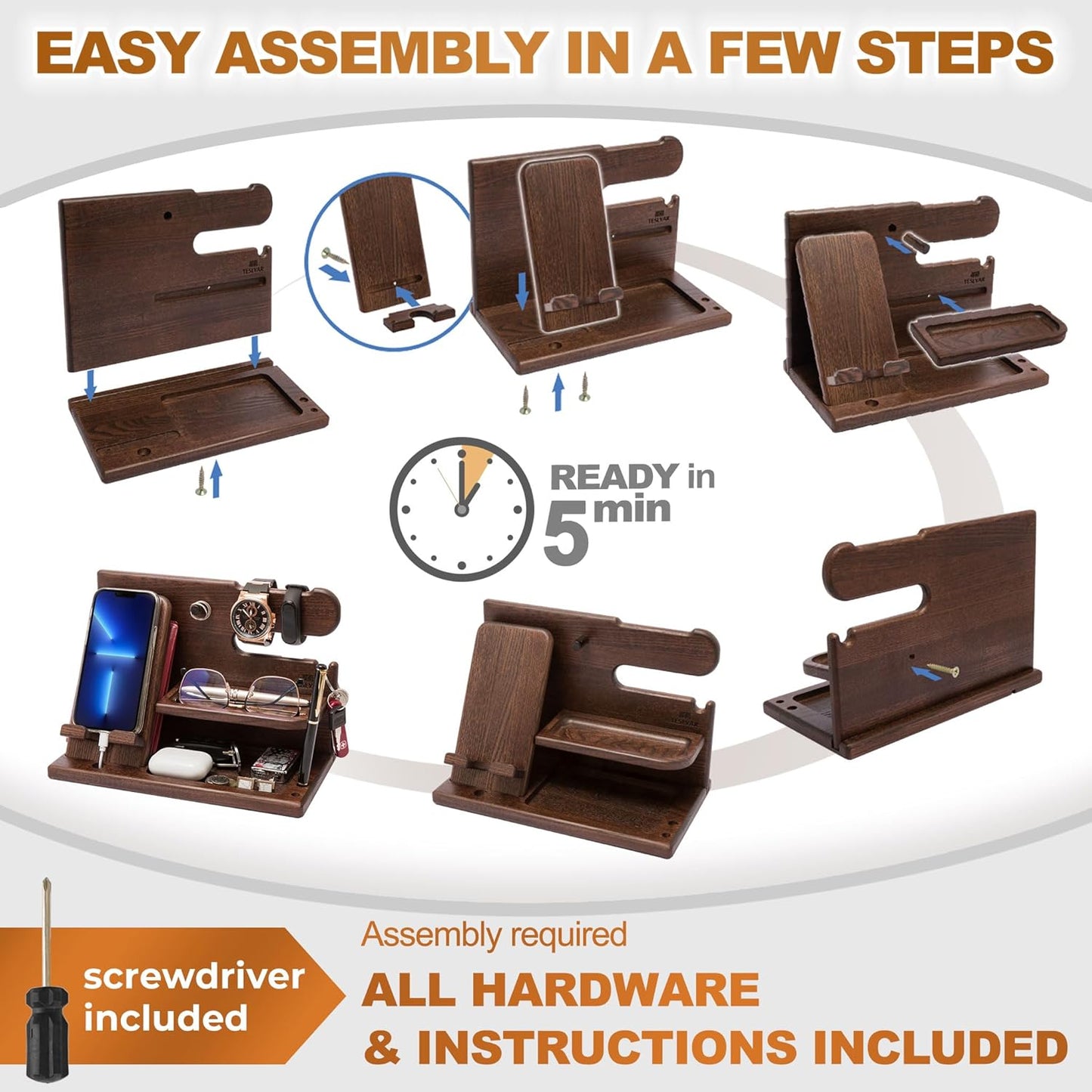 TESLYAR Wood Phone Docking Station - Elegant Desk Organizer for Men | Key Holder & Watch Stand (Bourbon Brown)