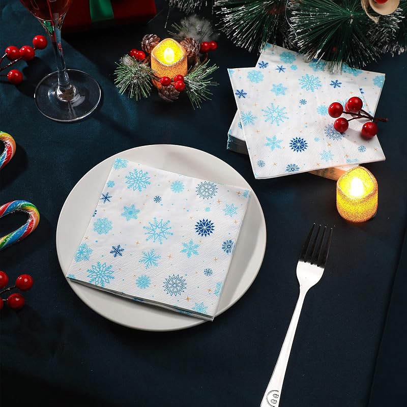 Glenmal 100 Pcs Christmas Snowflake Paper Napkins - Disposable Guest Towels