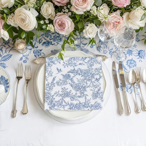 Janlaugh 120 Pcs Disposable Blue and White Floral Linen Feel Napkins | Perfect for Weddings & Parties
