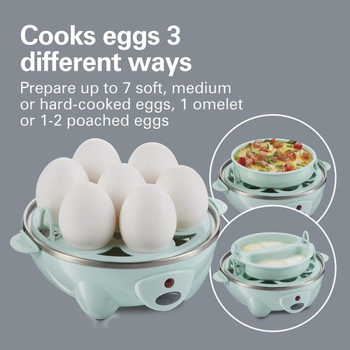 Hamilton Beach 3-in-1 Electric Egg Cooker - Hard Boiled, Poached & Omelet Maker | Holds 7 Eggs, Mint
