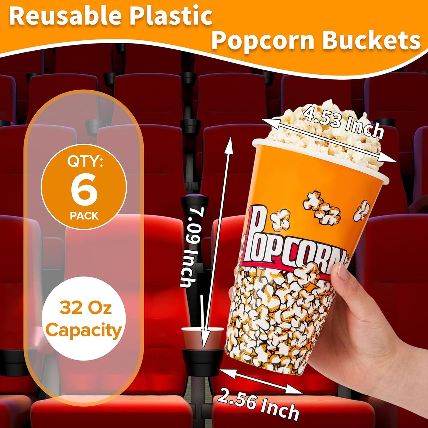 Retro Style Plastic Popcorn Buckets by [Brand Name] - Reusable 6-Pack for Movie Night Fun