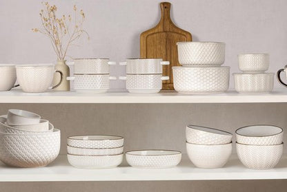 KooK Ceramic Pasta Bowls - Large Capacity Serving Bowls for Stews & Salads | Set of 4, Ivory with Dark Copper Accents, 40 oz