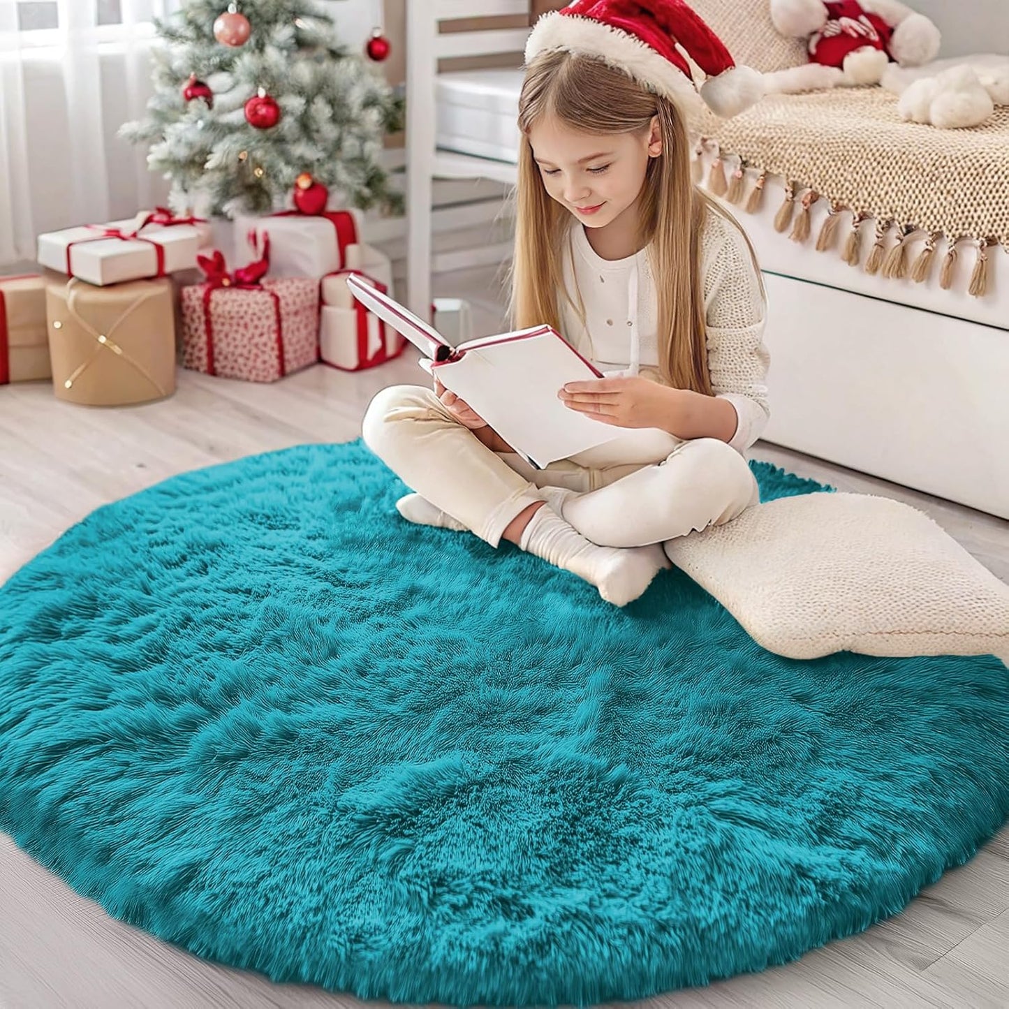 OLANLY Teal Round Area Rug - Soft, Fluffy, Machine Washable 4 ft Circle Carpet for Bedroom & Living Room
