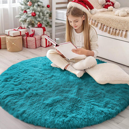 OLANLY Teal Round Area Rug - Soft, Fluffy, Machine Washable 4 ft Circle Carpet for Bedroom & Living Room