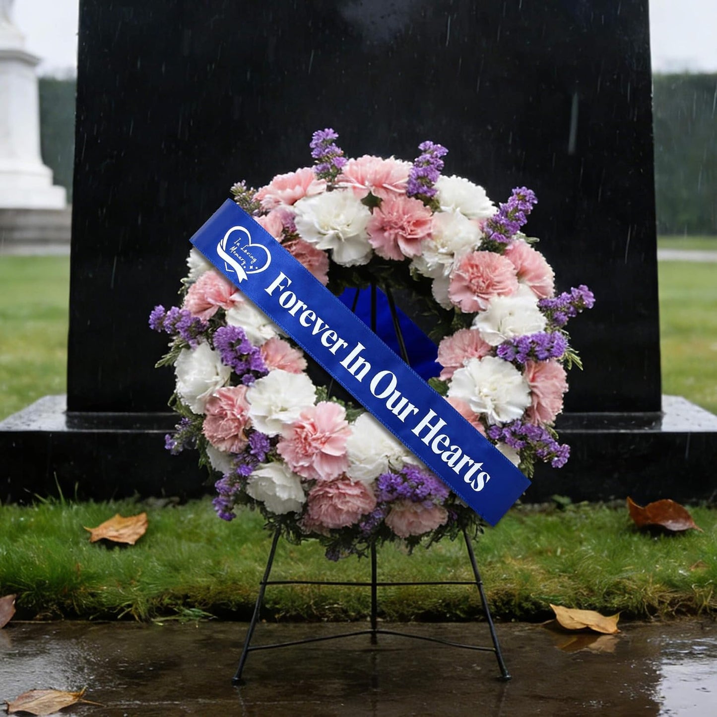 Regine Switzerland Elegant Funeral Wreath Sash - Forever in Our Hearts Memorial Ribbon (Blue)