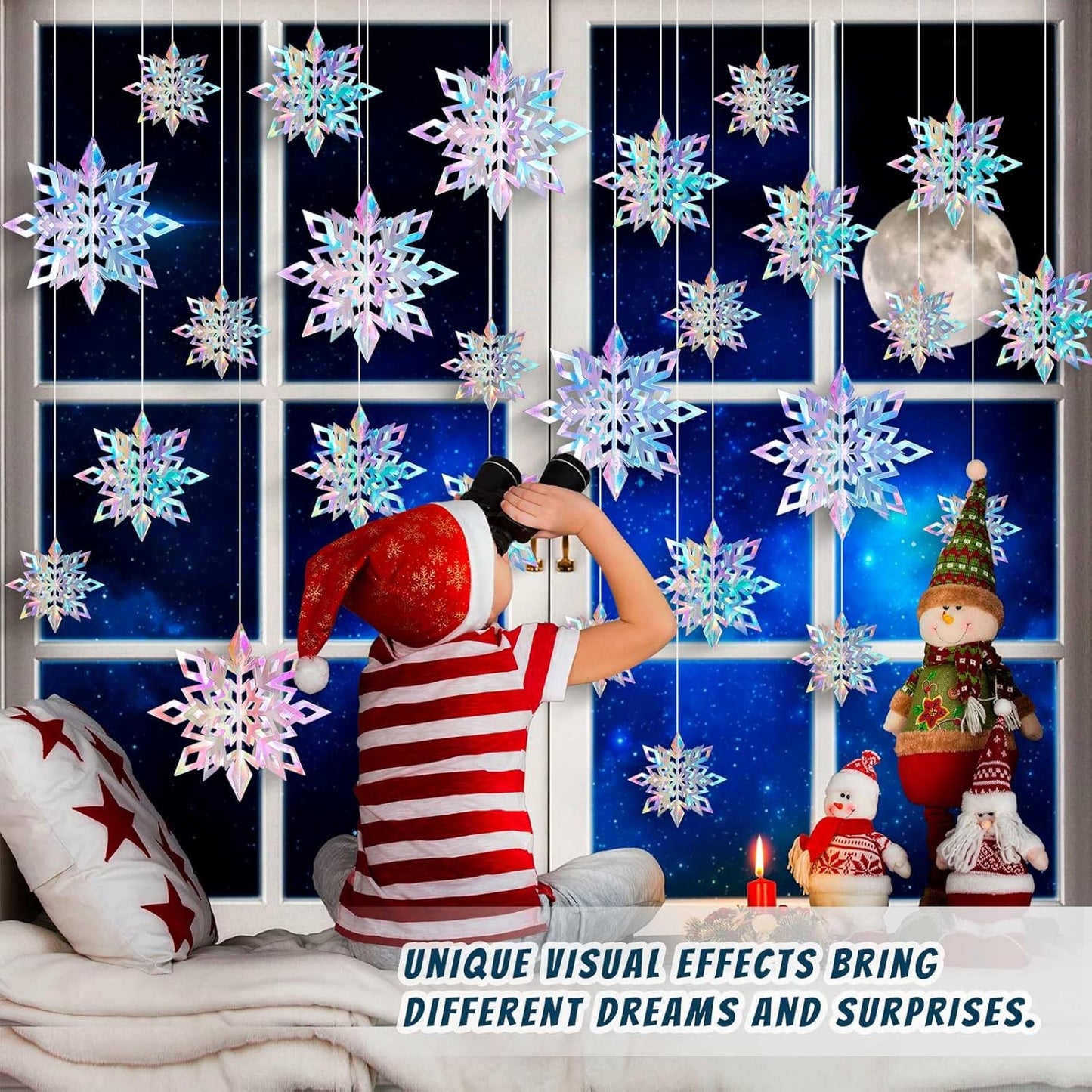 Skiennix 15PCS Christmas Hanging Snowflakes - 3D Iridescent Paper Ornaments for Winter Decor