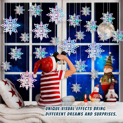 Skiennix 15PCS Christmas Hanging Snowflakes - 3D Iridescent Paper Ornaments for Winter Decor